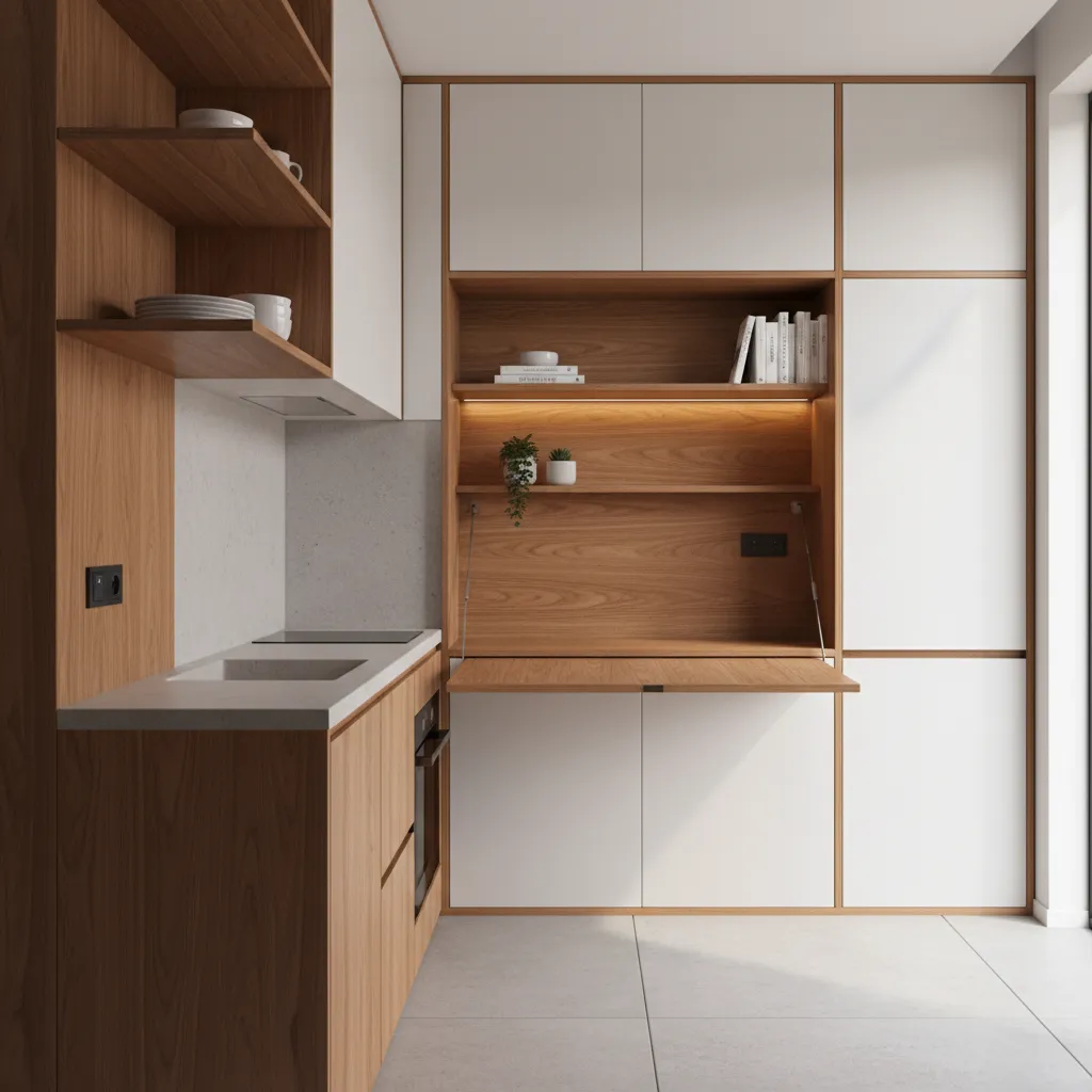 studio apartment feature wall with fold down desk storage and kitchen elements