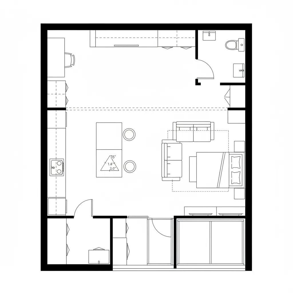Technical floor plan drawing of a studio apartment showing kitchen area and open plan living space