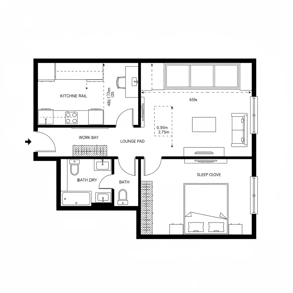 Functional studio apartment layout with kitchen work area lounge space bedroom zone and a compact bathroom