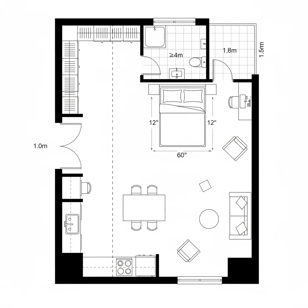 Top-down CAD plan of studio with murphy bed fold axis and kitchen strip