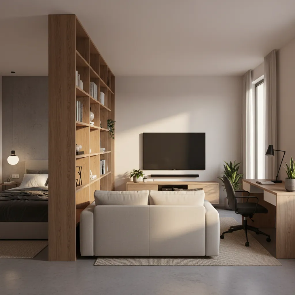 studio apartment furniture zoning using shelves and sofa placement