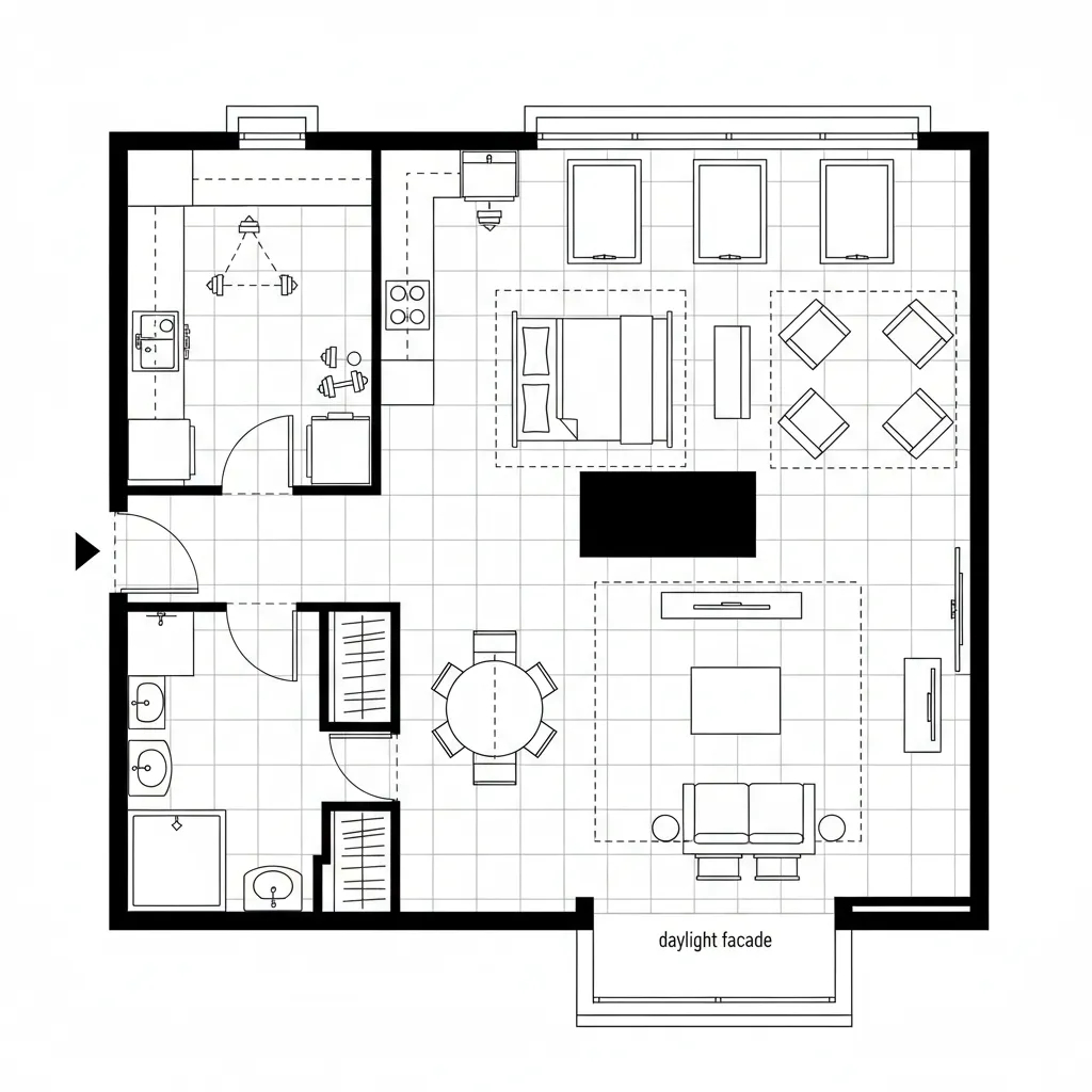 2D CAD studio floor plan with grid-based convertible bay and galley kitchen