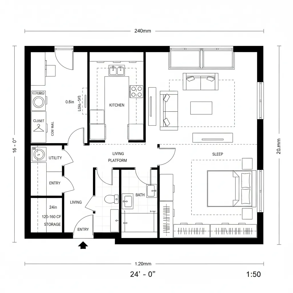 Top-down 2D CAD plan of a 24×16 studio with service spine and galley kitchen
