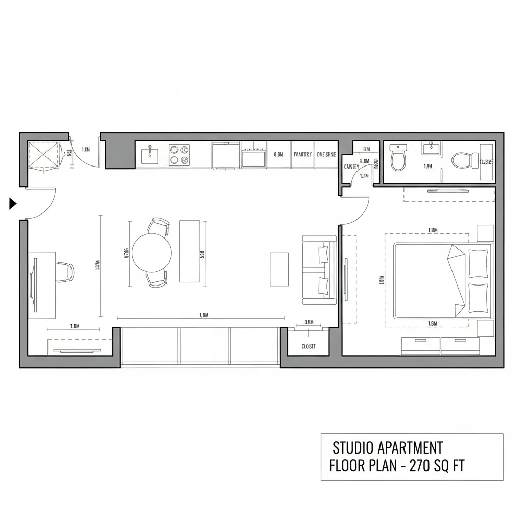 2D CAD floor plan of a studio with linear service spine and sliding thresholds
