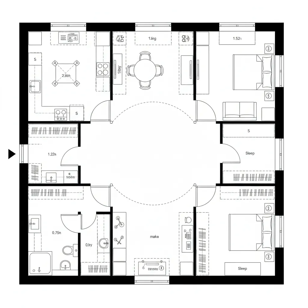 Black and white 2D floor plan layout of a square apartment with a circular center