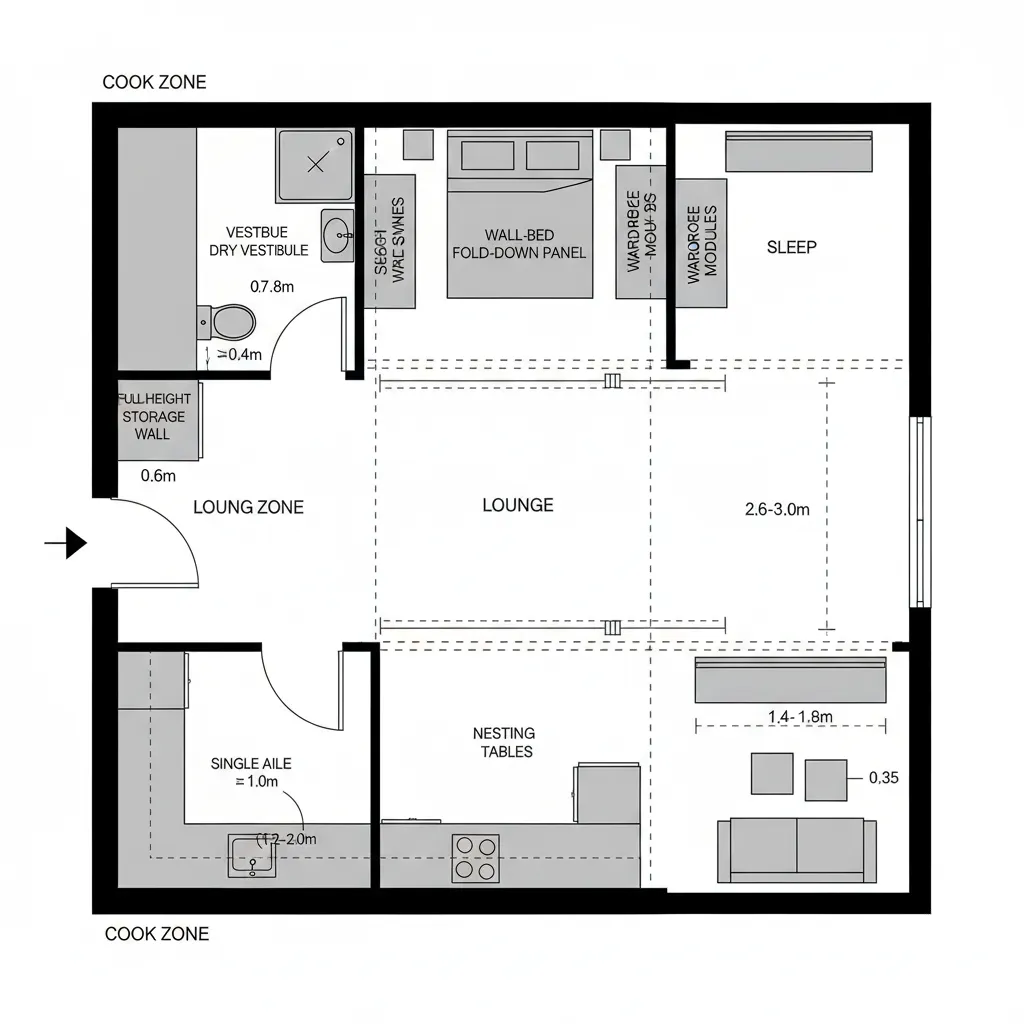 Studio apartment floor plan with a folding bed lounge area kitchen and several nesting tables