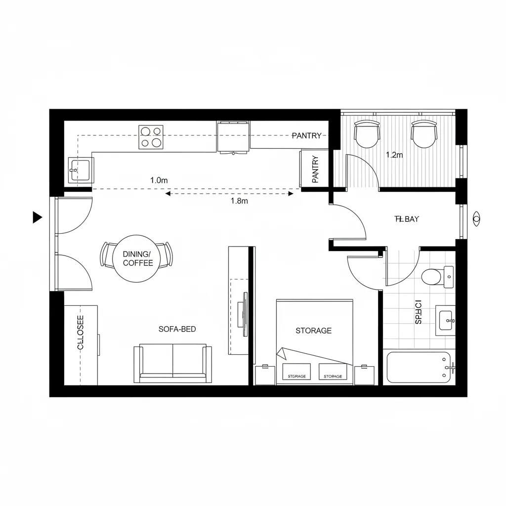 Top-down CAD floor plan of a studio with sliding partition and clear axis to balcony window