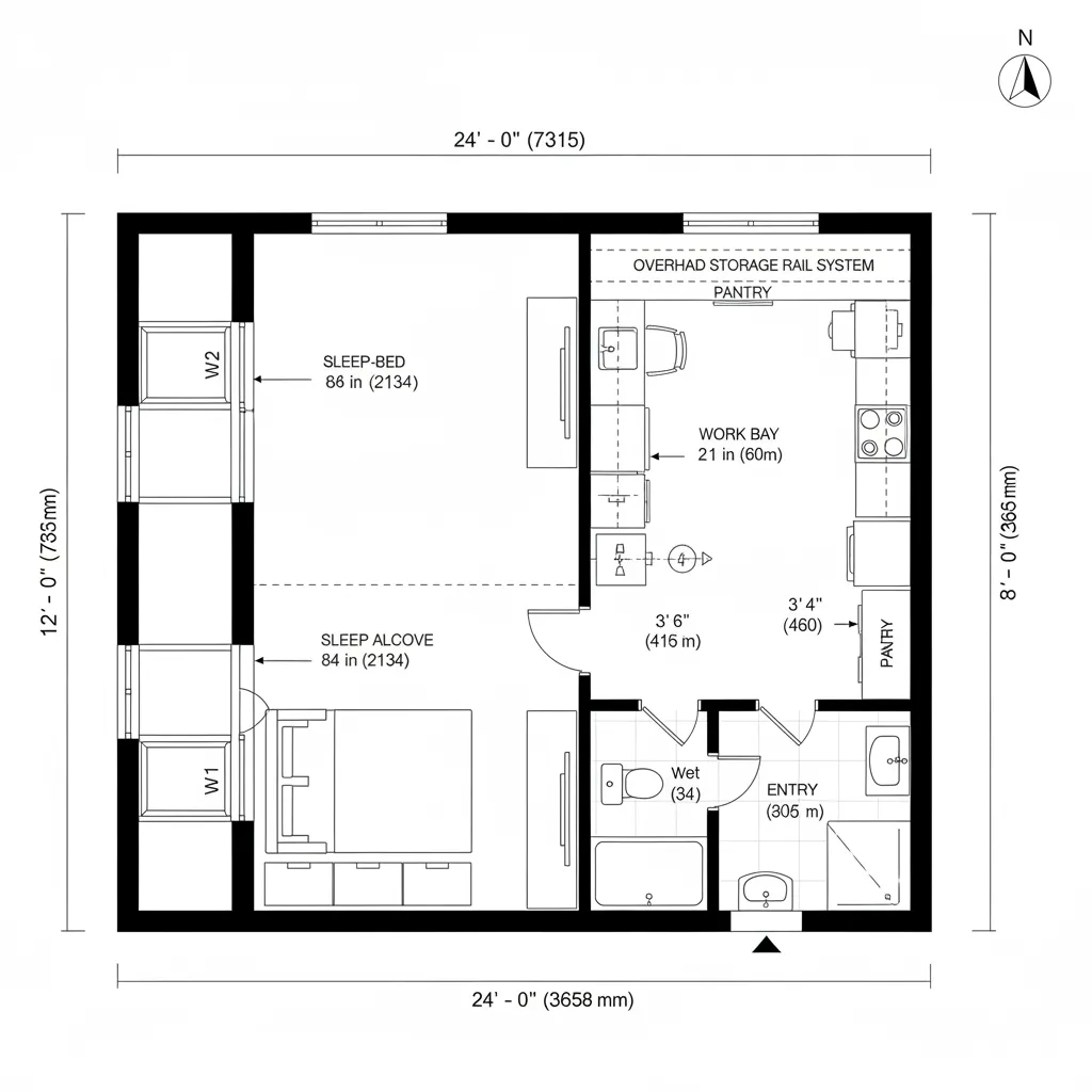 Top-down 2D CAD floor plan of a 24x12 studio with a central utility spine dividing active and quiet zones