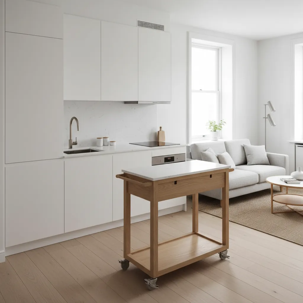 Small studio kitchen with movable rolling island cart