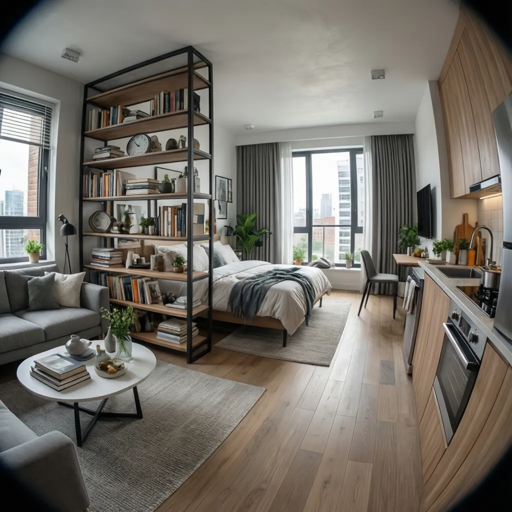 open studio apartment layout example around 750 sq ft with living sleeping and kitchen zones