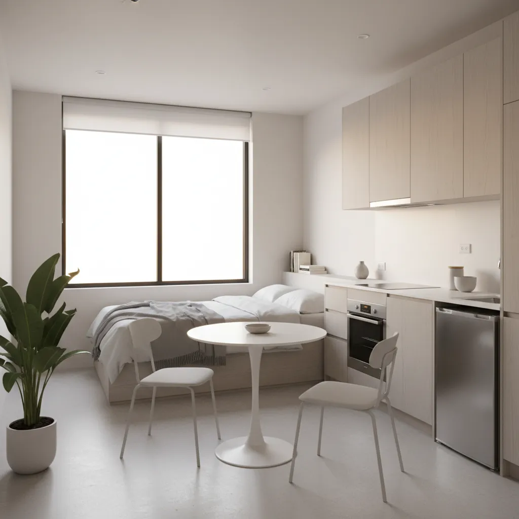 Modern interior design drawing of studio apartment with bed white dining table kitchen and plant