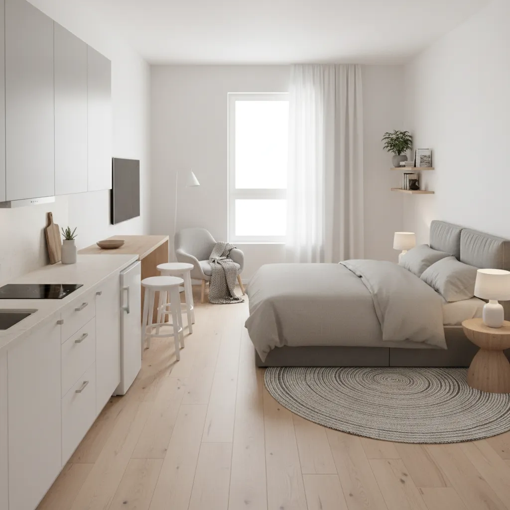 linear studio apartment layout with kitchenette along wall