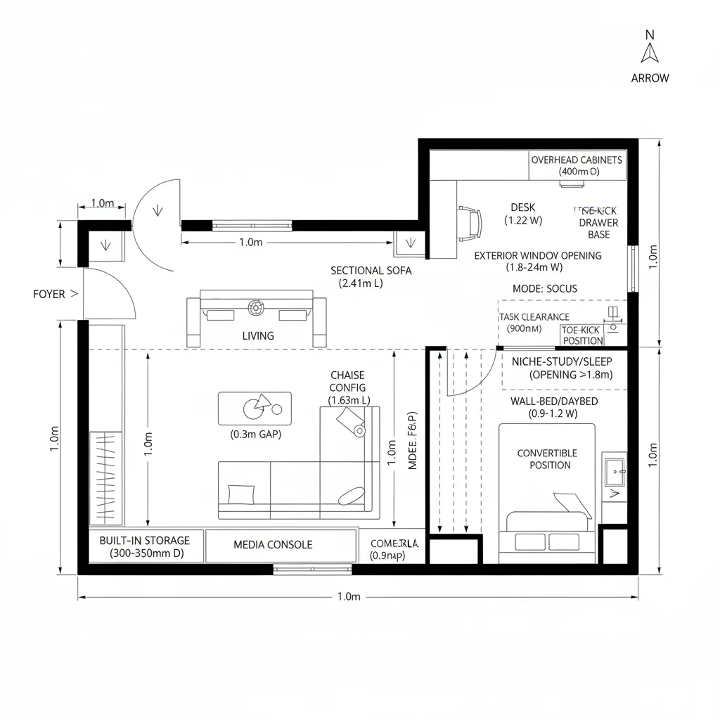 Studio apartment layout with sectional sofa, media console, desk area, and small bed in corner