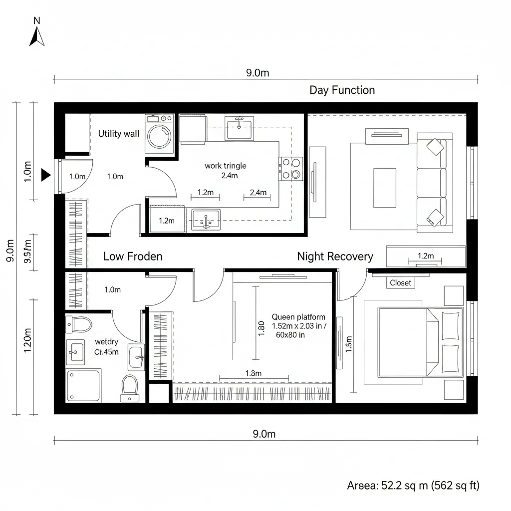 Top-down CAD plan of studio with parallel day/night axes and perimeter storage
