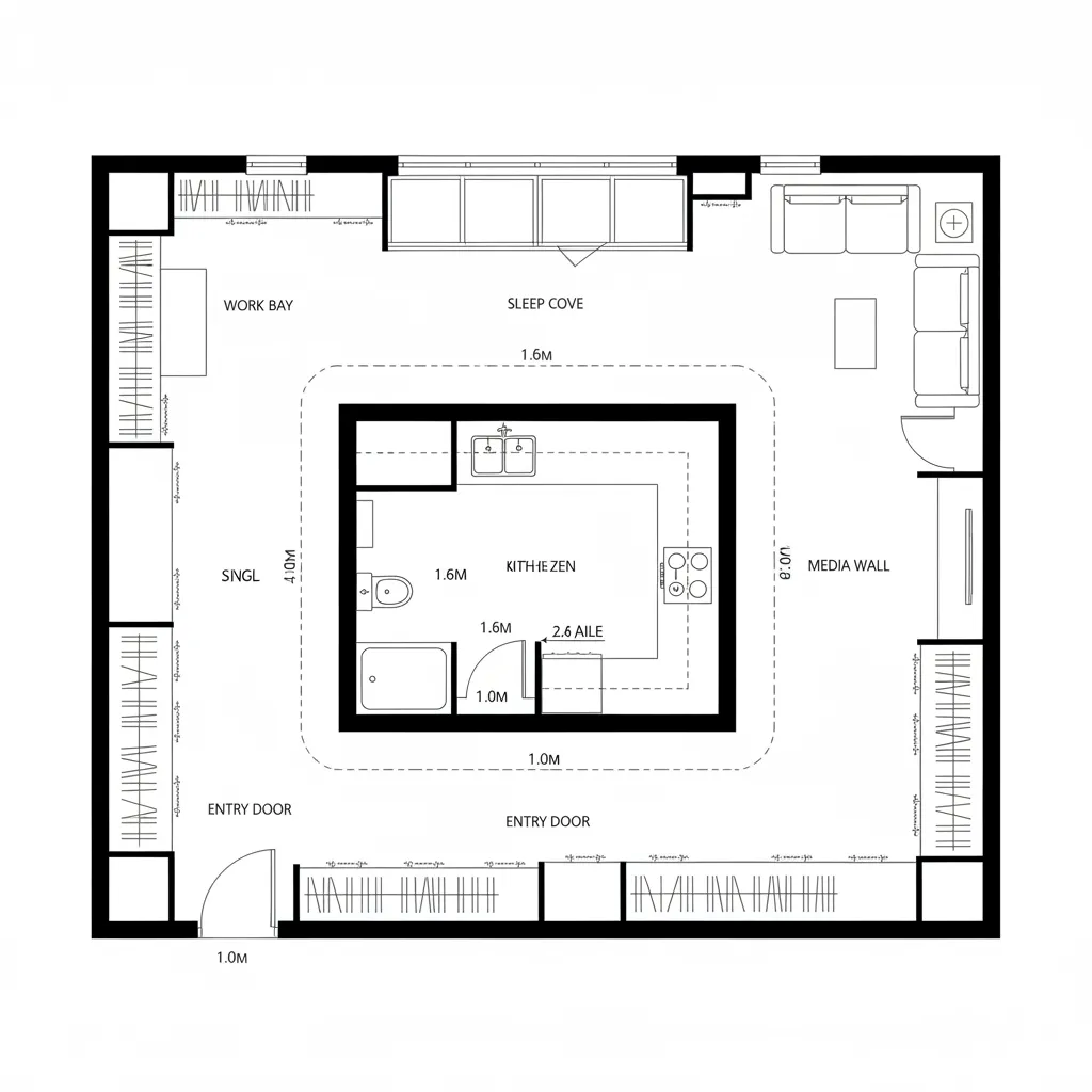 Top-down CAD plan of a studio with ringed micro-core and flexible perimeter zones