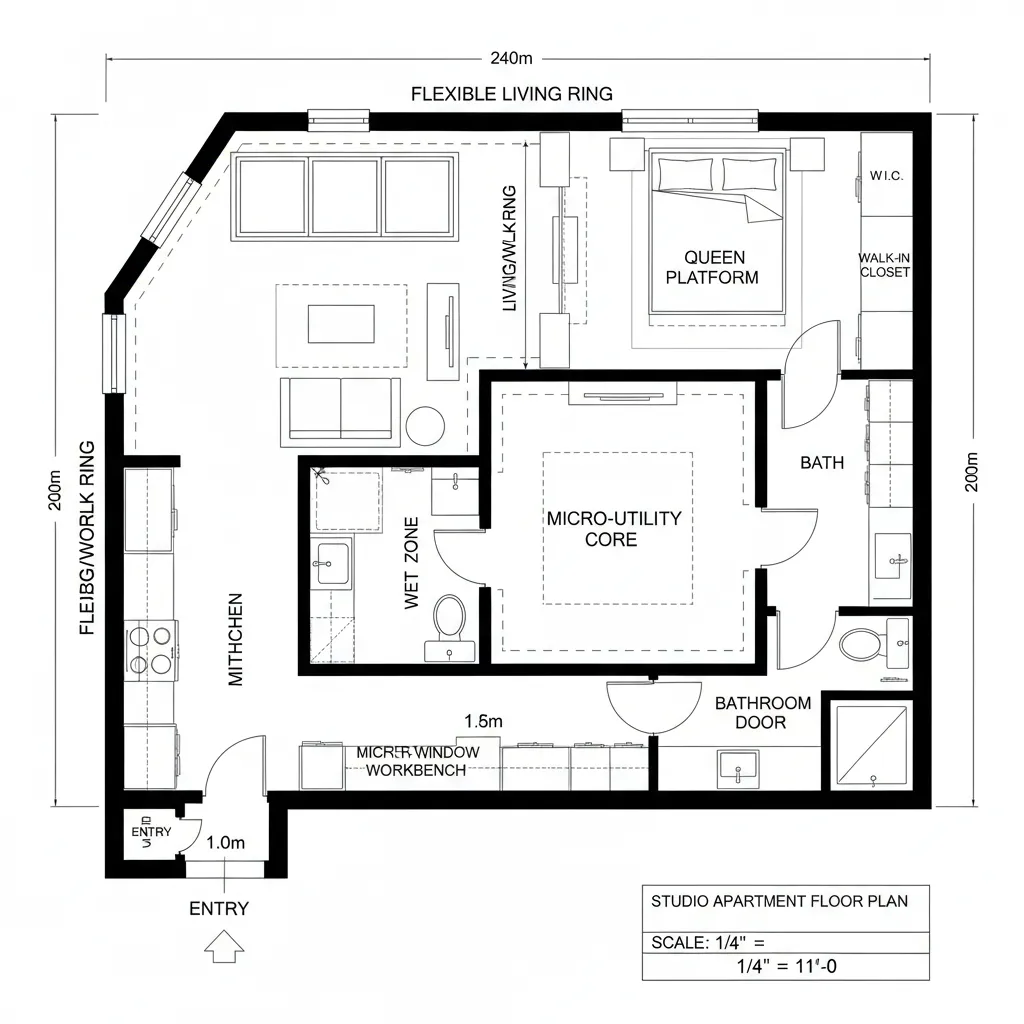 Studio apartment floor plan showing a living area bedroom kitchen bathroom and small entryway room layout