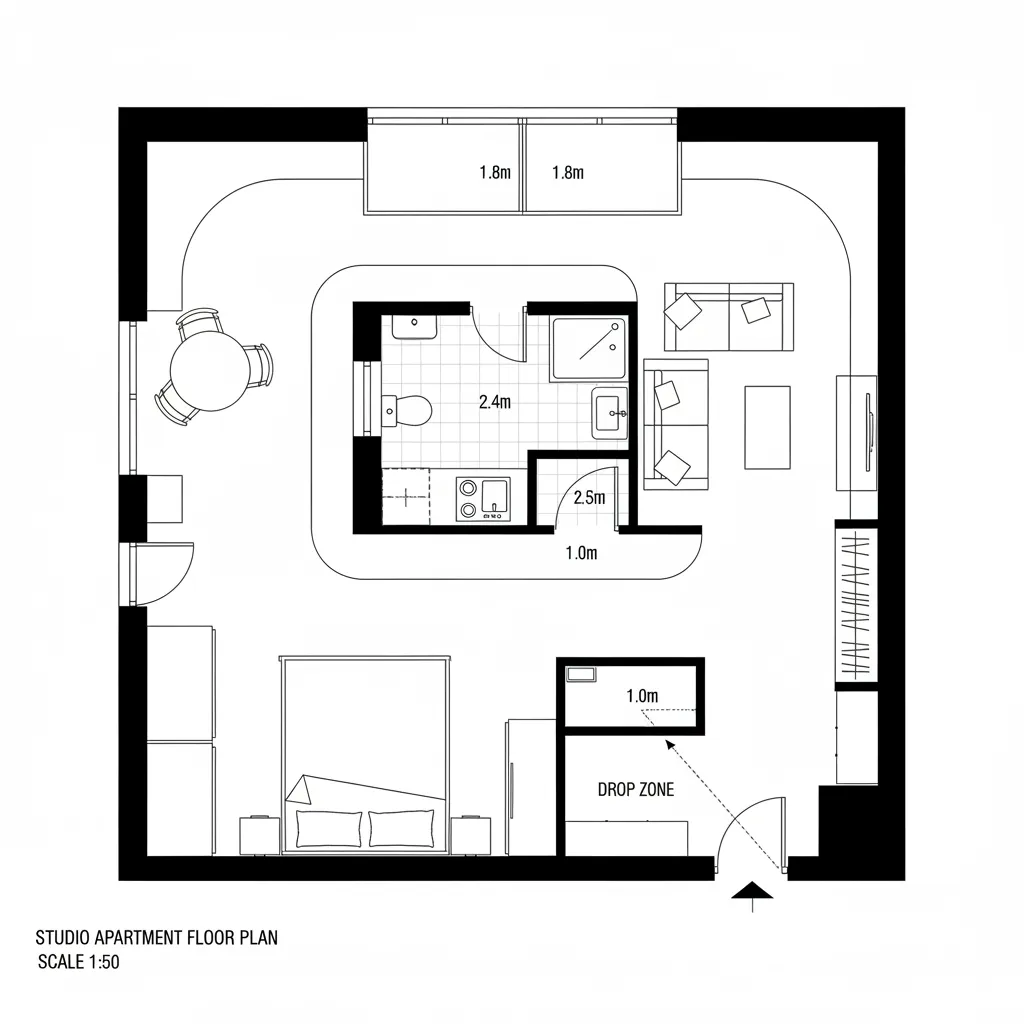 Top view studio apartment floor plan with bed bathroom kitchen living area and dining table setup