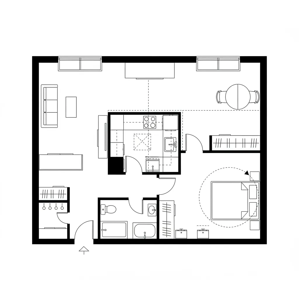 Studio apartment floor plan showing living room dining area kitchen bathroom bedroom and wood furniture layout