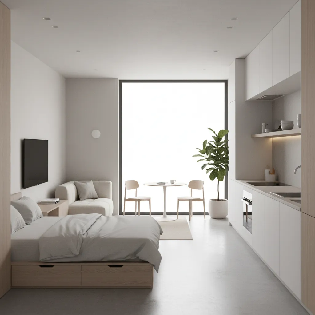 Open studio micro home layout with combined living sleeping and kitchen area