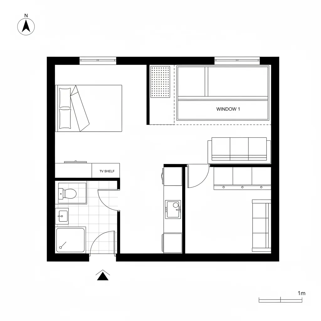 Top-down CAD plan of a micro studio with galley kitchen, study bench to window, and platform bed with storage