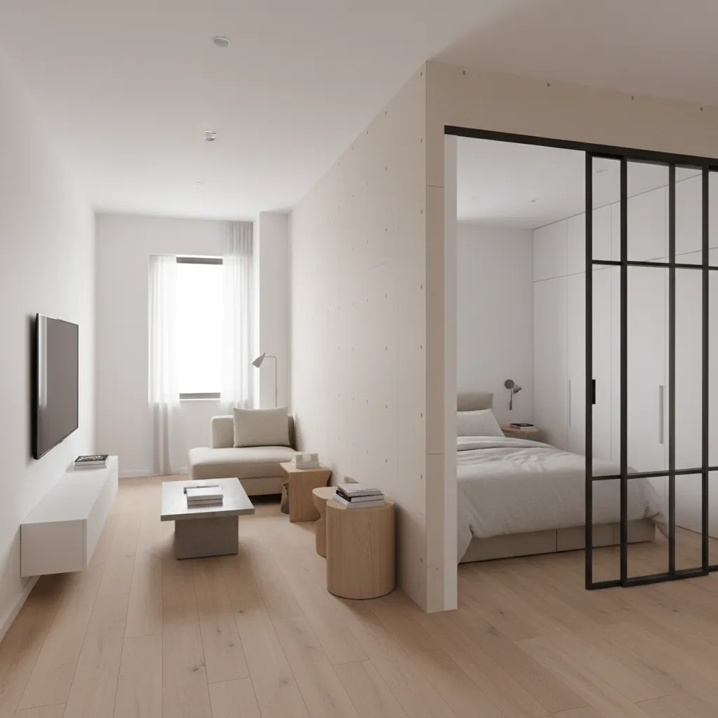 Lightweight partition wall creating bedroom in small apartment