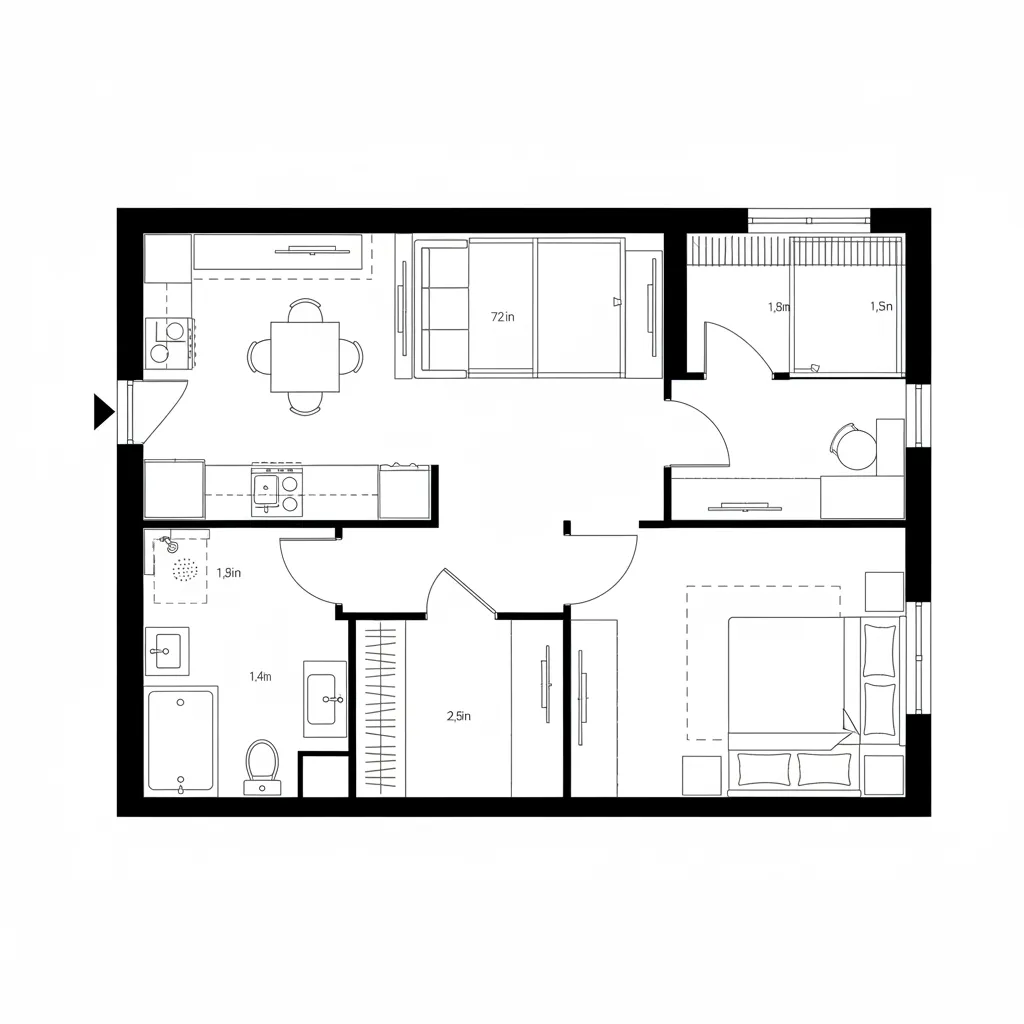 Top-down studio-plus plan with sliding partition, linear kitchen, balcony, and flexible work zone