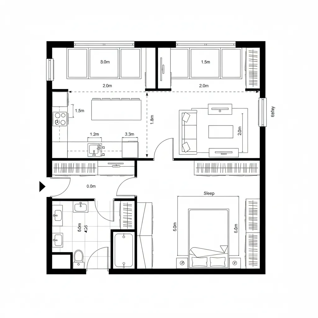 Interior design drawing of a studio apartment with kitchen island living area bedroom and bathroom