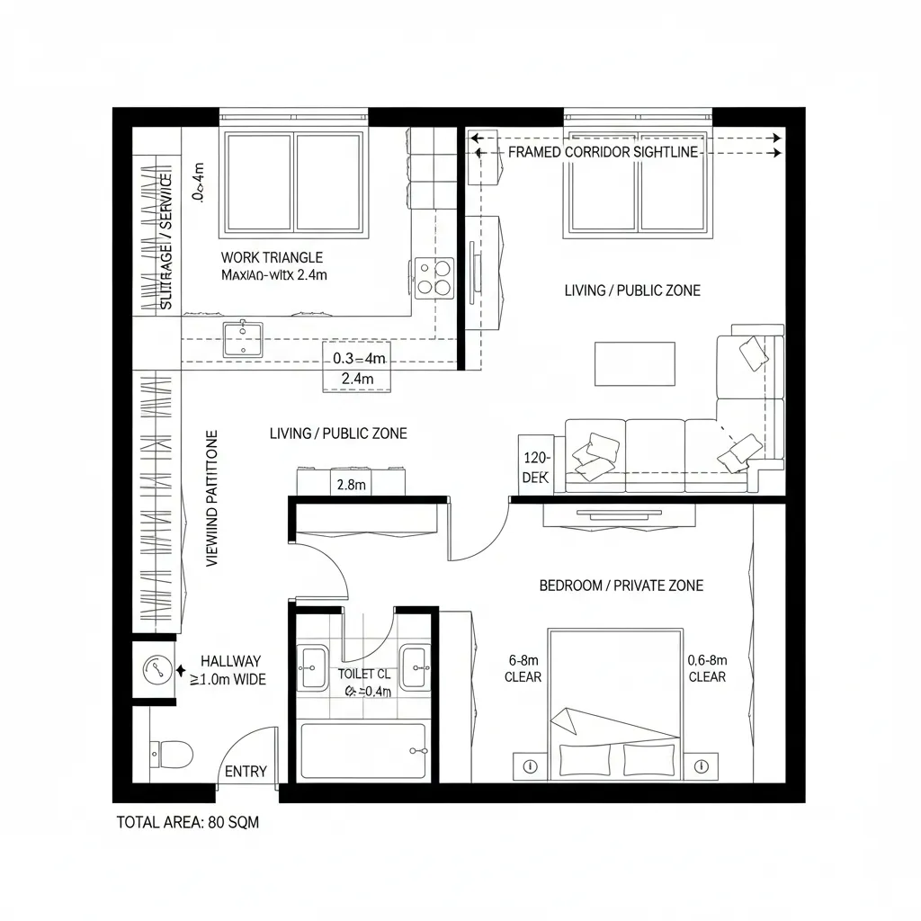 Top-down CAD plan of a transformable studio with sliding partition creating a bedroom