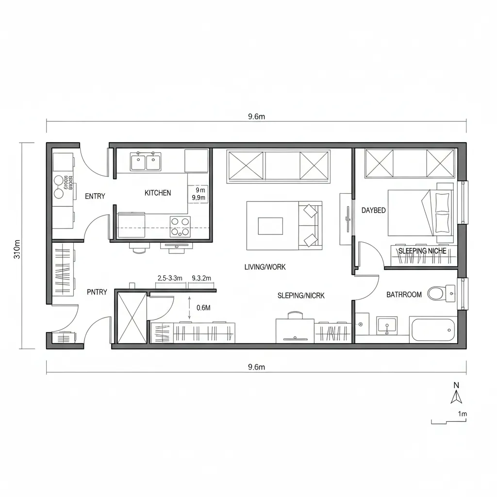 Top-down CAD plan of an elongated studio with ribbon flow from entry to galley to living