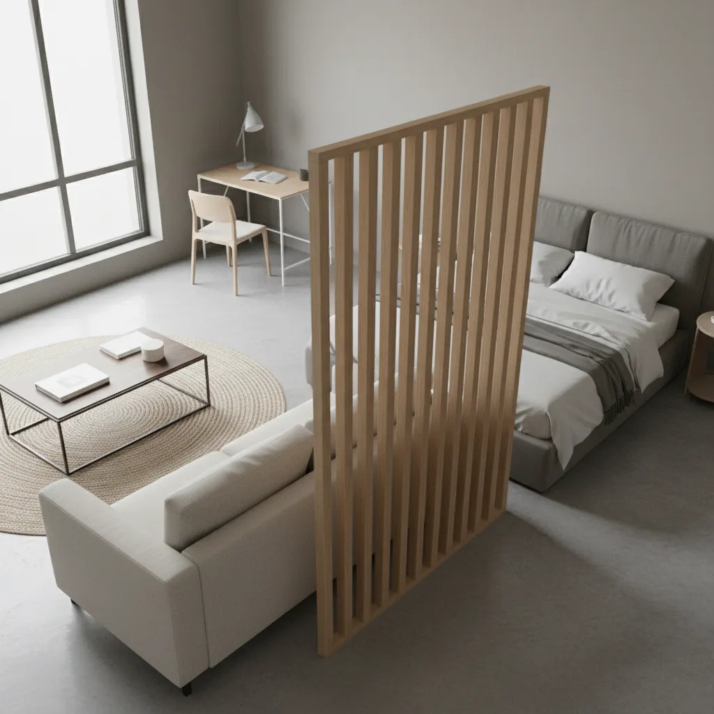 Small studio apartment with poorly placed divider disrupting layout flow