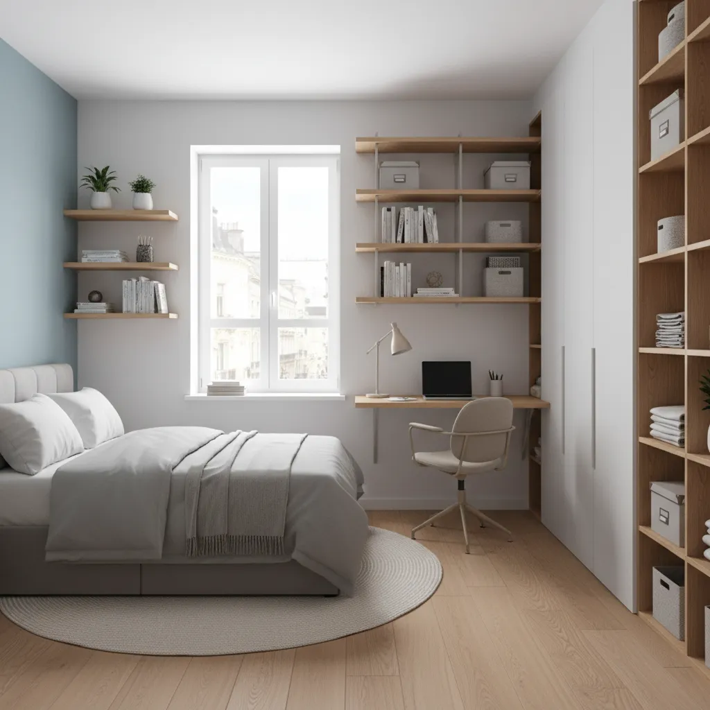 bố trí phòng trọ nhỏ chia khu ngủ làm việc và lưu trữ