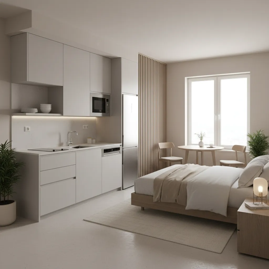 Mini kitchenette placed along wall in small studio bedroom