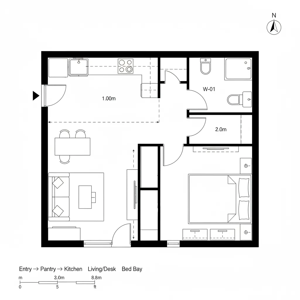 2D CAD floor plan of a compact studio with kitchen strip, living/desk zone, and bed bay