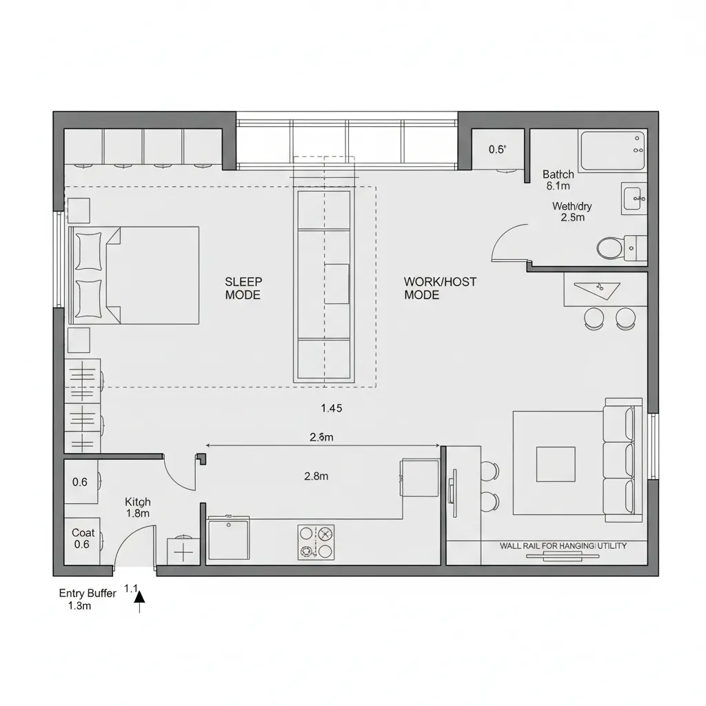 Studio apartment floor plan showing bed area living room kitchen bathroom and work host mode layout