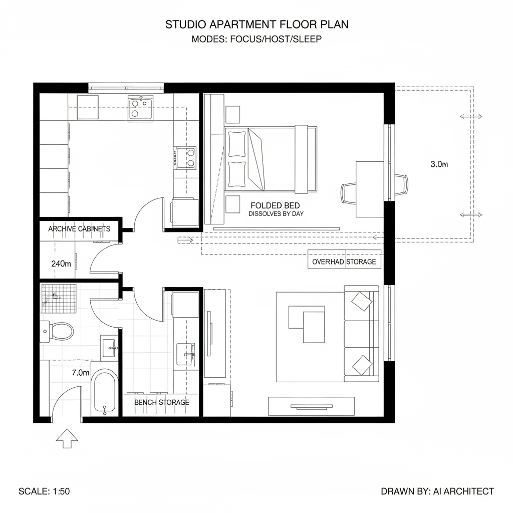 Top-down CAD plan of studio with sliding partition and galley kitchen