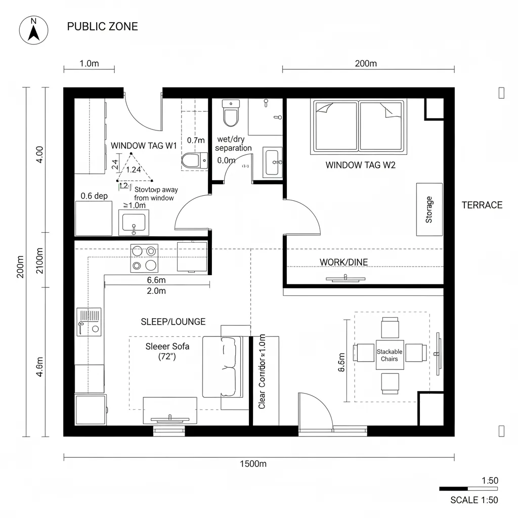 Top-down CAD plan of a studio with a sliding partition kernel and terrace access