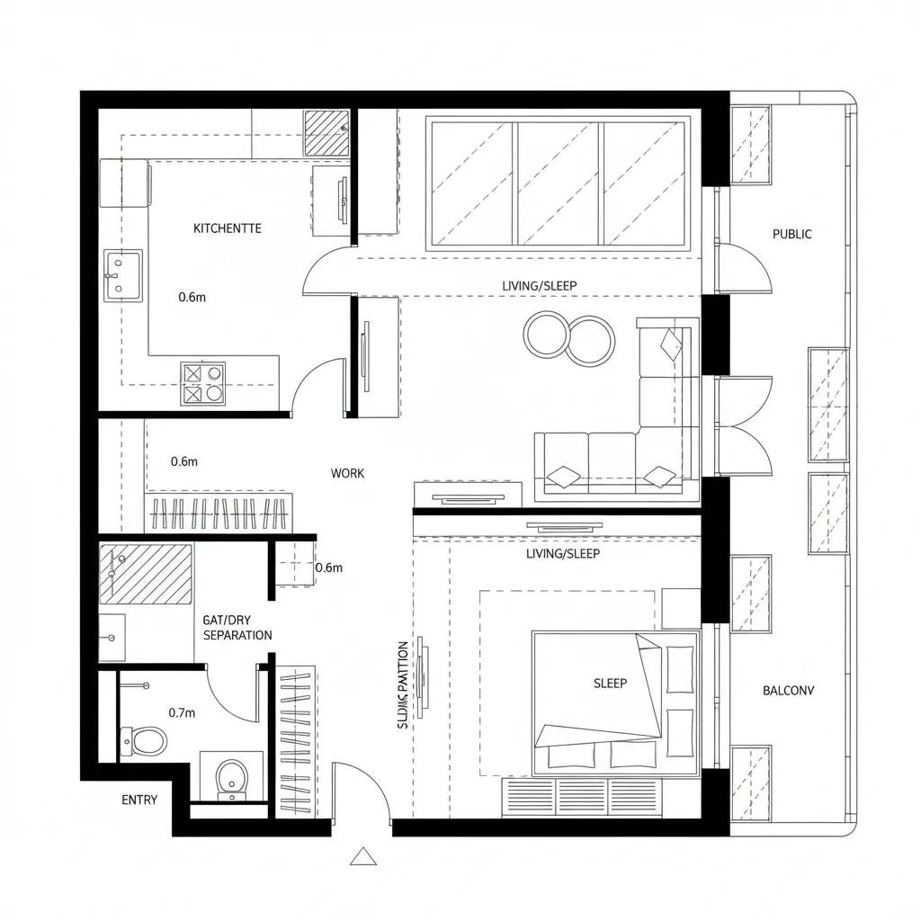 Top-down CAD plan of studio with sliding partitions and micro-core layout