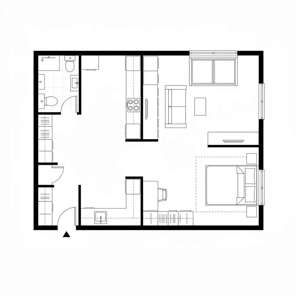 Top-down CAD plan of a tiny studio with a central spine and convertible core
