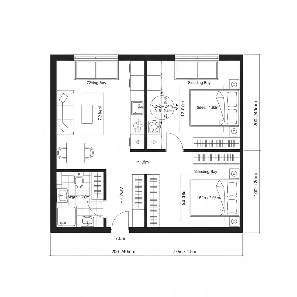 Top-down CAD plan of studio with central utility spine and sliding partition