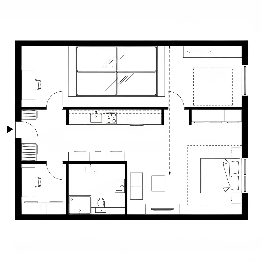 Top-down CAD plan of a studio with a central utility spine and flexible edge zones
