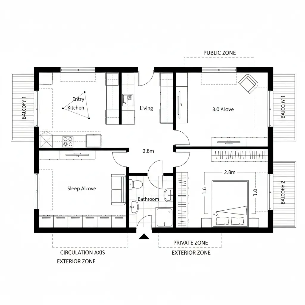 Studio apartment layout with entry kitchen living area sleep alcove bathroom and three small exterior balconies