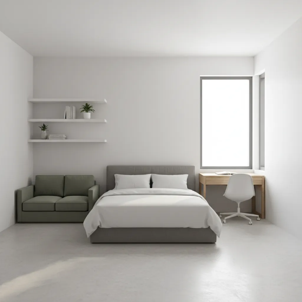 studio style 15x15 room layout with bed desk and small sofa zones