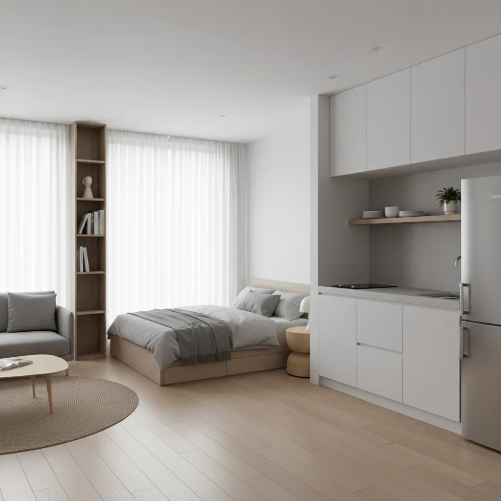 Studio style layout for a 700 sq ft micro home interior