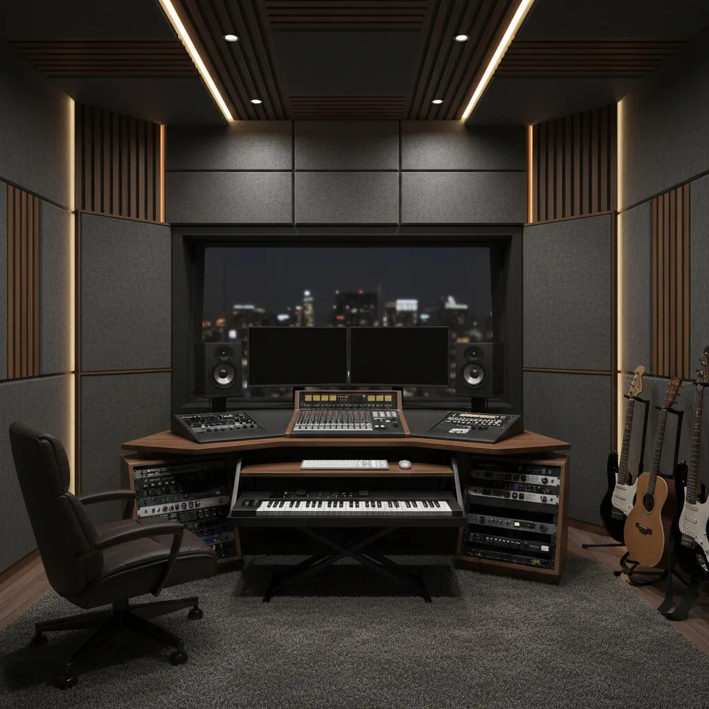 studio style home music room with acoustic panels and mixing desk