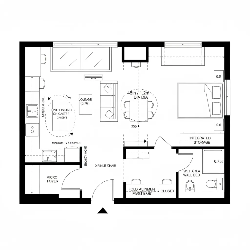 Interior design drawing showing a studio apartment floor plan with kitchen bedroom bathroom and furniture layout
