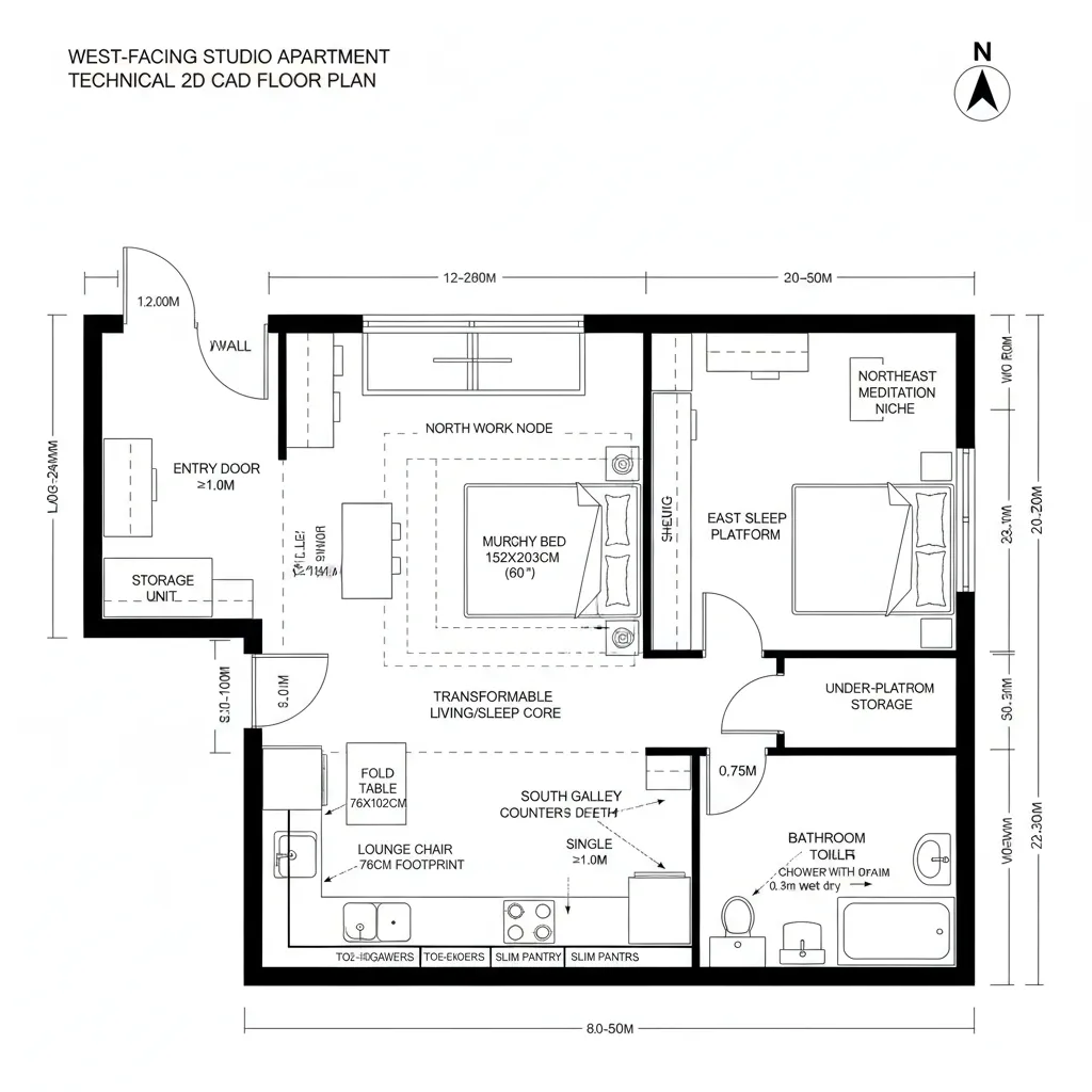 Detailed studio apartment interior design drawing showing work area sleep platform bathroom and kitchen counter layout