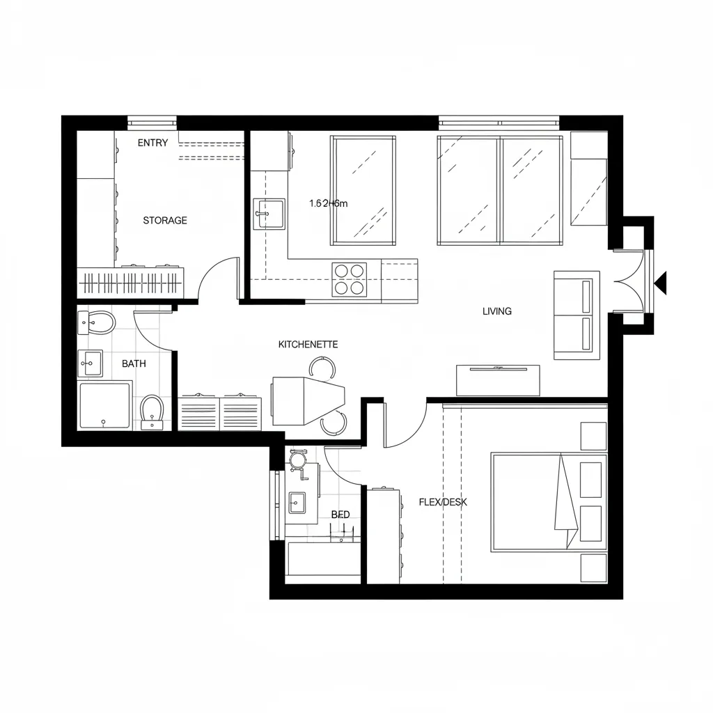 Black and white floor plan showing a studio apartment with kitchenette living area and bedroom
