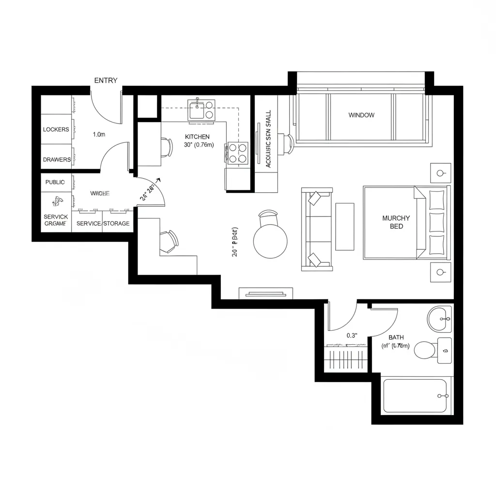 Studio apartment floor plan drawing with kitchen living area bed bathroom and entry storage room layout