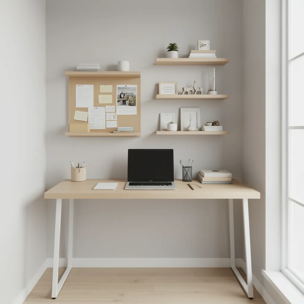 study desk decoration arrangement with wall board shelves and minimal items