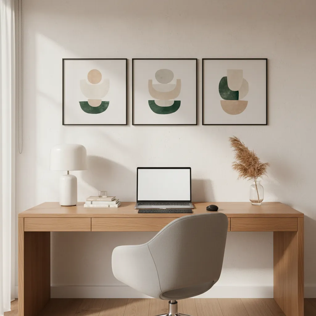 Study desk with three framed prints aligned above the workspace